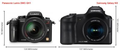 Größenvergleich: Panasonic Lumix DMC-GH1 vs. Samsung Galaxy NX Größenvergleich: Panasonic Lumix DMC-GH1 vs. Samsung Galaxy NX