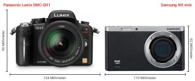 Größenvergleich: Panasonic Lumix DMC-GH1 vs. Samsung NX mini Größenvergleich: Panasonic Lumix DMC-GH1 vs. Samsung NX mini
