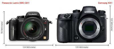 Größenvergleich: Panasonic Lumix DMC-GH1 vs. Samsung NX1 Größenvergleich: Panasonic Lumix DMC-GH1 vs. Samsung NX1