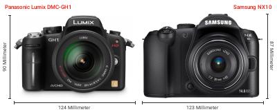 Größenvergleich: Panasonic Lumix DMC-GH1 vs. Samsung NX10 Größenvergleich: Panasonic Lumix DMC-GH1 vs. Samsung NX10