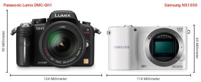Größenvergleich: Panasonic Lumix DMC-GH1 vs. Samsung NX1000 Größenvergleich: Panasonic Lumix DMC-GH1 vs. Samsung NX1000