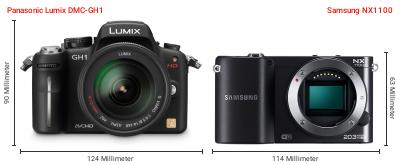 Größenvergleich: Panasonic Lumix DMC-GH1 vs. Samsung NX1100 Größenvergleich: Panasonic Lumix DMC-GH1 vs. Samsung NX1100