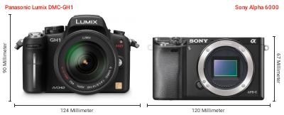Größenvergleich: Panasonic Lumix DMC-GH1 vs. Sony Alpha 6000 Größenvergleich: Panasonic Lumix DMC-GH1 vs. Sony Alpha 6000