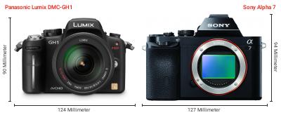 Größenvergleich: Panasonic Lumix DMC-GH1 vs. Sony Alpha 7 Größenvergleich: Panasonic Lumix DMC-GH1 vs. Sony Alpha 7
