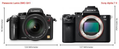 Größenvergleich: Panasonic Lumix DMC-GH1 vs. Sony Alpha 7 II Größenvergleich: Panasonic Lumix DMC-GH1 vs. Sony Alpha 7 II