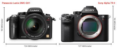 Größenvergleich: Panasonic Lumix DMC-GH1 vs. Sony Alpha 7R II Größenvergleich: Panasonic Lumix DMC-GH1 vs. Sony Alpha 7R II