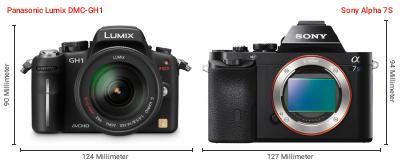 Größenvergleich: Panasonic Lumix DMC-GH1 vs. Sony Alpha 7S Größenvergleich: Panasonic Lumix DMC-GH1 vs. Sony Alpha 7S