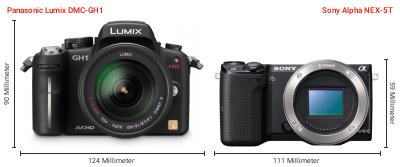 Größenvergleich: Panasonic Lumix DMC-GH1 vs. Sony Alpha NEX-5T Größenvergleich: Panasonic Lumix DMC-GH1 vs. Sony Alpha NEX-5T