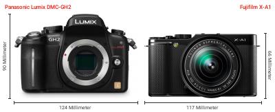 Größenvergleich: Panasonic Lumix DMC-GH2 vs. Fujifilm X-A1 Größenvergleich: Panasonic Lumix DMC-GH2 vs. Fujifilm X-A1