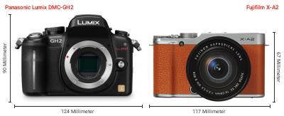 Größenvergleich: Panasonic Lumix DMC-GH2 vs. Fujifilm X-A2 Größenvergleich: Panasonic Lumix DMC-GH2 vs. Fujifilm X-A2