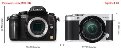 Größenvergleich: Panasonic Lumix DMC-GH2 vs. Fujifilm X-A3 Größenvergleich: Panasonic Lumix DMC-GH2 vs. Fujifilm X-A3