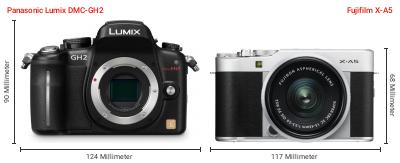 Größenvergleich: Panasonic Lumix DMC-GH2 vs. Fujifilm X-A5 Größenvergleich: Panasonic Lumix DMC-GH2 vs. Fujifilm X-A5