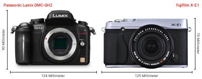 Größenvergleich: Panasonic Lumix DMC-GH2 vs. Fujifilm X-E1 Größenvergleich: Panasonic Lumix DMC-GH2 vs. Fujifilm X-E1