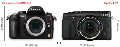 Größenvergleich: Panasonic Lumix DMC-GH2 vs. Fujifilm X-E2 Größenvergleich: Panasonic Lumix DMC-GH2 vs. Fujifilm X-E2