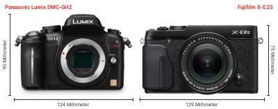 Größenvergleich: Panasonic Lumix DMC-GH2 vs. Fujifilm X-E2S Größenvergleich: Panasonic Lumix DMC-GH2 vs. Fujifilm X-E2S