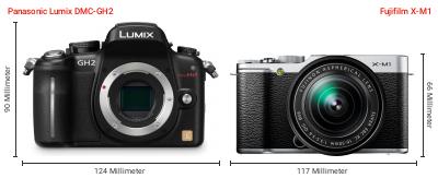 Größenvergleich: Panasonic Lumix DMC-GH2 vs. Fujifilm X-M1 Größenvergleich: Panasonic Lumix DMC-GH2 vs. Fujifilm X-M1