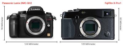 Größenvergleich: Panasonic Lumix DMC-GH2 vs. Fujifilm X-Pro1 Größenvergleich: Panasonic Lumix DMC-GH2 vs. Fujifilm X-Pro1