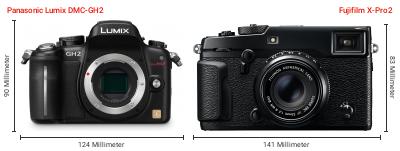 Größenvergleich: Panasonic Lumix DMC-GH2 vs. Fujifilm X-Pro2 Größenvergleich: Panasonic Lumix DMC-GH2 vs. Fujifilm X-Pro2