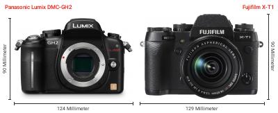 Größenvergleich: Panasonic Lumix DMC-GH2 vs. Fujifilm X-T1 Größenvergleich: Panasonic Lumix DMC-GH2 vs. Fujifilm X-T1