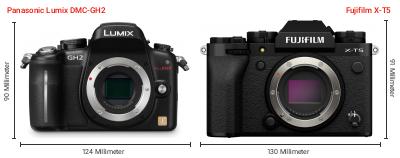 Größenvergleich: Panasonic Lumix DMC-GH2 vs. Fujifilm X-T5 Größenvergleich: Panasonic Lumix DMC-GH2 vs. Fujifilm X-T5
