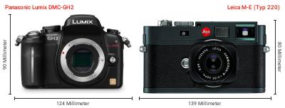 Größenvergleich: Panasonic Lumix DMC-GH2 vs. Leica M-E (Typ 220) Größenvergleich: Panasonic Lumix DMC-GH2 vs. Leica M-E (Typ 220)
