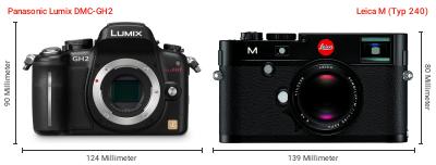 Größenvergleich: Panasonic Lumix DMC-GH2 vs. Leica M (Typ 240) Größenvergleich: Panasonic Lumix DMC-GH2 vs. Leica M (Typ 240)