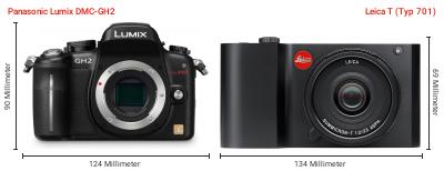 Größenvergleich: Panasonic Lumix DMC-GH2 vs. Leica T (Typ 701) Größenvergleich: Panasonic Lumix DMC-GH2 vs. Leica T (Typ 701)