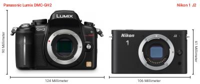 Größenvergleich: Panasonic Lumix DMC-GH2 vs. Nikon 1 J2 Größenvergleich: Panasonic Lumix DMC-GH2 vs. Nikon 1 J2