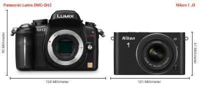 Größenvergleich: Panasonic Lumix DMC-GH2 vs. Nikon 1 J3 Größenvergleich: Panasonic Lumix DMC-GH2 vs. Nikon 1 J3