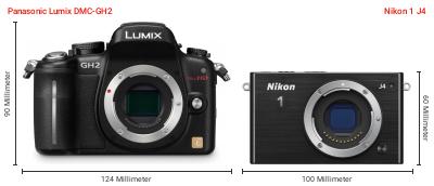 Größenvergleich: Panasonic Lumix DMC-GH2 vs. Nikon 1 J4 Größenvergleich: Panasonic Lumix DMC-GH2 vs. Nikon 1 J4