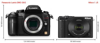 Größenvergleich: Panasonic Lumix DMC-GH2 vs. Nikon 1 J5 Größenvergleich: Panasonic Lumix DMC-GH2 vs. Nikon 1 J5