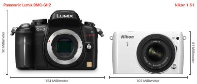 Größenvergleich: Panasonic Lumix DMC-GH2 vs. Nikon 1 S1 Größenvergleich: Panasonic Lumix DMC-GH2 vs. Nikon 1 S1