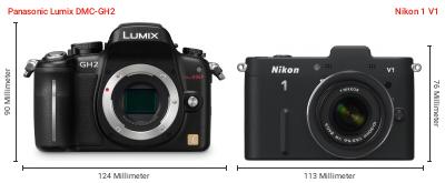Größenvergleich: Panasonic Lumix DMC-GH2 vs. Nikon 1 V1 Größenvergleich: Panasonic Lumix DMC-GH2 vs. Nikon 1 V1