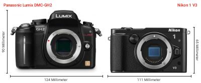 Größenvergleich: Panasonic Lumix DMC-GH2 vs. Nikon 1 V3 Größenvergleich: Panasonic Lumix DMC-GH2 vs. Nikon 1 V3