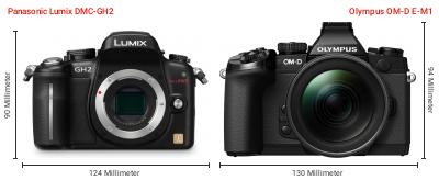 Größenvergleich: Panasonic Lumix DMC-GH2 vs. Olympus OM-D E-M1 Größenvergleich: Panasonic Lumix DMC-GH2 vs. Olympus OM-D E-M1