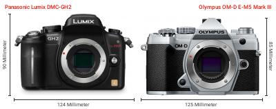 Größenvergleich: Panasonic Lumix DMC-GH2 vs. OM System OM-D E-M5 Mark III Größenvergleich: Panasonic Lumix DMC-GH2 vs. OM System OM-D E-M5 Mark III