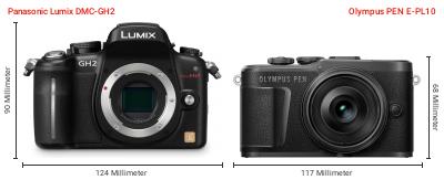 Größenvergleich: Panasonic Lumix DMC-GH2 vs. OM System PEN E-PL10