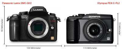 Größenvergleich: Panasonic Lumix DMC-GH2 vs. OM System PEN E-PL2 Größenvergleich: Panasonic Lumix DMC-GH2 vs. OM System PEN E-PL2