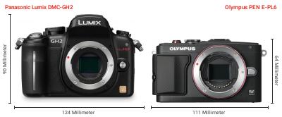 Größenvergleich: Panasonic Lumix DMC-GH2 vs. OM System PEN E-PL6 Größenvergleich: Panasonic Lumix DMC-GH2 vs. OM System PEN E-PL6