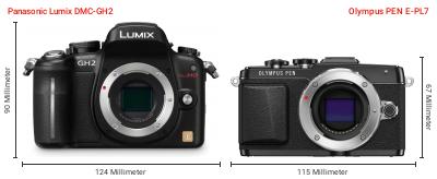 Größenvergleich: Panasonic Lumix DMC-GH2 vs. OM System PEN E-PL7 Größenvergleich: Panasonic Lumix DMC-GH2 vs. OM System PEN E-PL7