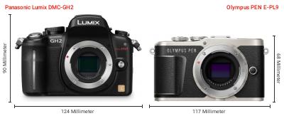 Größenvergleich: Panasonic Lumix DMC-GH2 vs. OM System PEN E-PL9