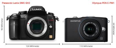 Größenvergleich: Panasonic Lumix DMC-GH2 vs. OM System PEN E-PM1 Größenvergleich: Panasonic Lumix DMC-GH2 vs. OM System PEN E-PM1