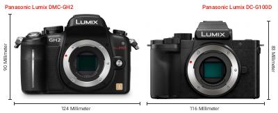 Größenvergleich: Panasonic Lumix DMC-GH2 vs. Panasonic Lumix DC-G100D Größenvergleich: Panasonic Lumix DMC-GH2 vs. Panasonic Lumix DC-G100D