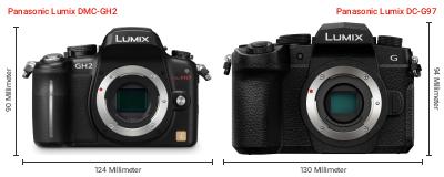 Größenvergleich: Panasonic Lumix DMC-GH2 vs. Panasonic Lumix DC-G97 Größenvergleich: Panasonic Lumix DMC-GH2 vs. Panasonic Lumix DC-G97