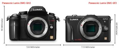 Größenvergleich: Panasonic Lumix DMC-GH2 vs. Panasonic Lumix DMC-GF2 Größenvergleich: Panasonic Lumix DMC-GH2 vs. Panasonic Lumix DMC-GF2