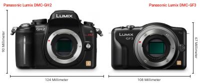 Größenvergleich: Panasonic Lumix DMC-GH2 vs. Panasonic Lumix DMC-GF3 Größenvergleich: Panasonic Lumix DMC-GH2 vs. Panasonic Lumix DMC-GF3