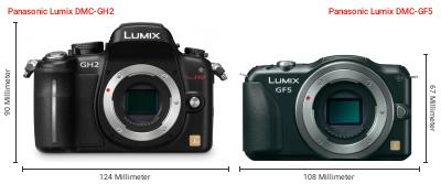 Größenvergleich: Panasonic Lumix DMC-GH2 vs. Panasonic Lumix DMC-GF5 Größenvergleich: Panasonic Lumix DMC-GH2 vs. Panasonic Lumix DMC-GF5