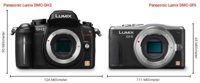 Größenvergleich: Panasonic Lumix DMC-GH2 vs. Panasonic Lumix DMC-GF6 Größenvergleich: Panasonic Lumix DMC-GH2 vs. Panasonic Lumix DMC-GF6