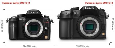 Größenvergleich: Panasonic Lumix DMC-GH2 vs. Panasonic Lumix DMC-GH3 Größenvergleich: Panasonic Lumix DMC-GH2 vs. Panasonic Lumix DMC-GH3