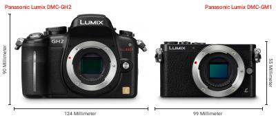 Größenvergleich: Panasonic Lumix DMC-GH2 vs. Panasonic Lumix DMC-GM1 Größenvergleich: Panasonic Lumix DMC-GH2 vs. Panasonic Lumix DMC-GM1